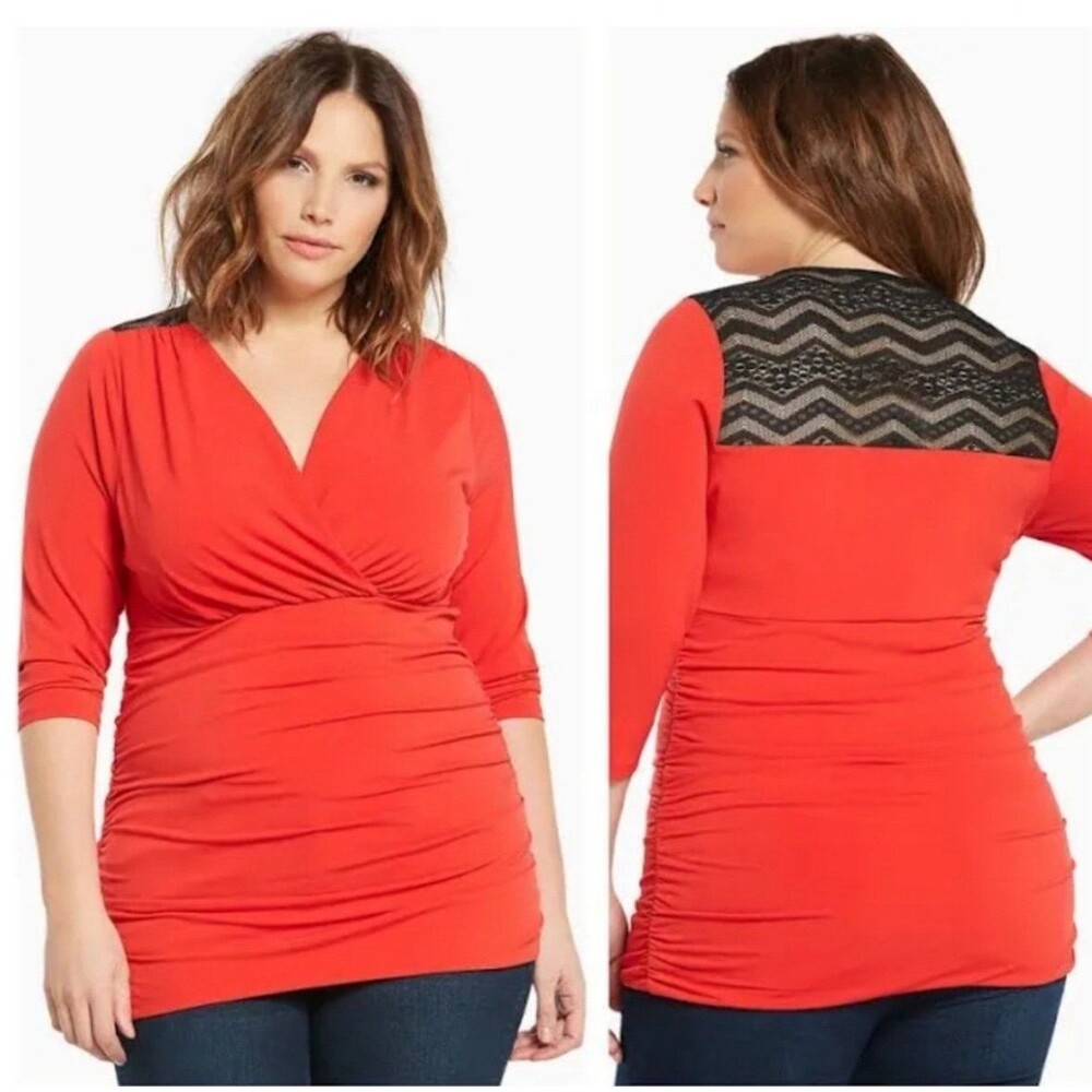 Torrid 3 red blouse shirt lace inset plus size